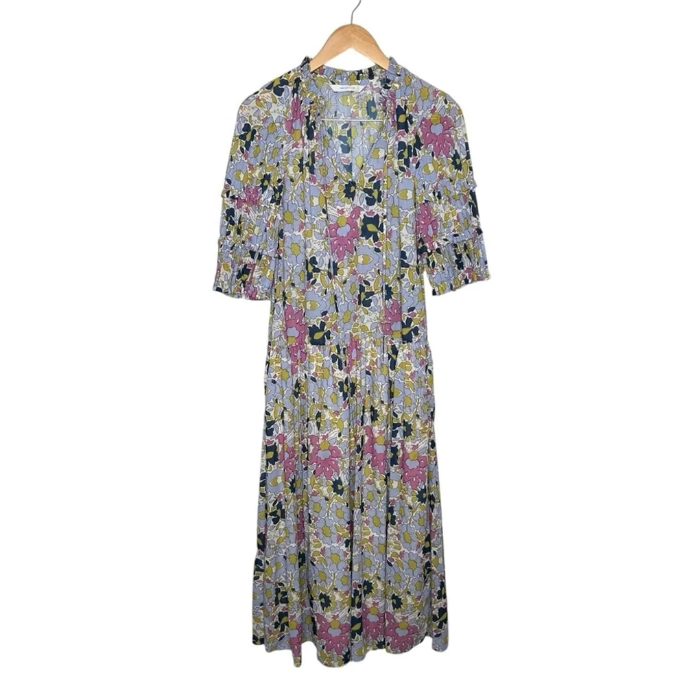 Rebecca Taylor Passion Flower Pleated Puff Sleeve Midi Dress Women's Small